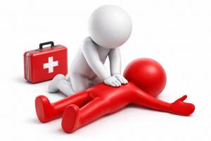A person performing CPR on a injured figure, with a red first aid kit in the background.
